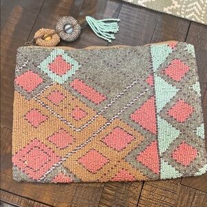 Anthropologie Jasper & Jeera Beaded Zip Clutch Boho Pouch Geometric Tassel Bag
